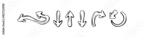 Collection of hand drawn arrows in various directions and styles for indicating movement or direction in graphic projects