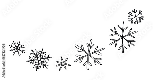 Whimsical outline snowflakes scattered in a graceful arc, perfect for winter celebration graphics, seasonal promotions, and festive holiday greeting cards.