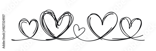 Hand drawn continuous line hearts art symbolizing love and connection, perfect for romantic themes, invitations, and graphic decor applications.