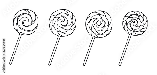 Collection of four swirling spiral lollipops on sticks presented in a linear arrangement, ideal for confectionery themes or sweet treat promotions.