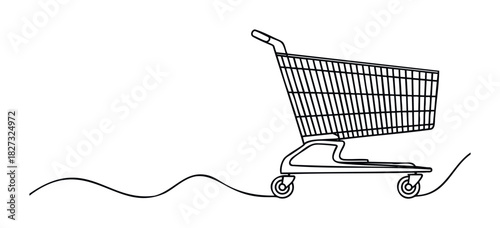Minimalist outline of a shopping cart moving along a wavy surface suggesting commerce and movement for retail and purchase themes
