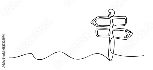 Abstract minimalist line drawing of a signpost with directional arrows symbolizing choice and journey, perfect for concepts of decisions, paths, and guidance in business or life
