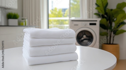 Stack of clean white folded towels resting on a table with a washing machine nearby
