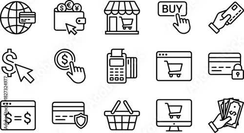 Set of Black Line Icons for E-commerce, Online Shopping, Payment, Credit Card, Money Transaction, Store, and Digital Purchase