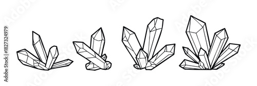 Collection of geometric crystal clusters in black outline for use in jewelry branding or mystical web page layouts