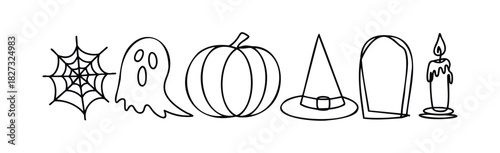 Collection of spooky Halloween symbols including a spider web, ghost, pumpkin, witch hat, tombstone and candle for festive seasonal decoration projects