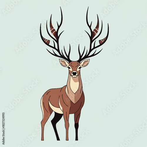 Stylized illustration of a brown deer with large antlers, standing against a light blue background.