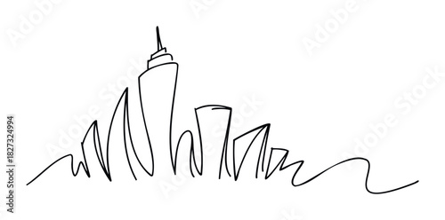 Minimalist line drawing of a modern city skyline with skyscrapers and abstract shapes, perfect for backgrounds and graphic projects