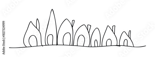 Simple handdrawn outline sketch of a whimsical row of interconnected houses or tents with peaked roofs, representing a cozy village or nomadic settlement, perfect for storybooks or