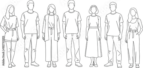 Standing figure illustration set, casual outfit styles, fashion sketch, character design, line art, vector artwork, white background