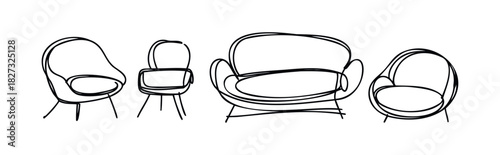 Set of modern lounge chairs and sofa drawn with simple black lines on white, perfect for interior decor concepts and furniture retail graphics.