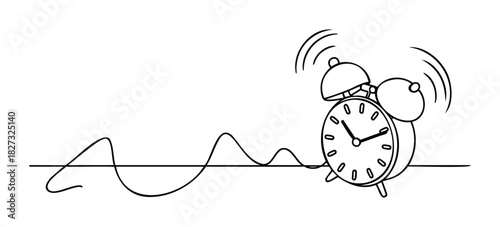 Simple outline drawing of a ringing alarm clock with sound waves and a wavy line extending left, perfect for time management, morning routine, or deadline concepts.