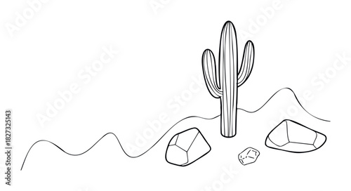 Minimalist line drawing of a saguaro cactus with desert landscape and rocks, ideal for graphic use and visual storytelling in nature themes