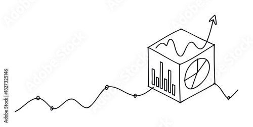 Minimalist line drawing showing a cube with charts and graphs representing data growth and analysis, perfect for business and financial reports.