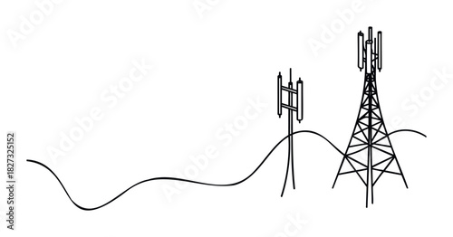 Communication towers with antennas and network cables create a modern infrastructure for signal transmission and data connectivity services across landscapes for cellular networks and