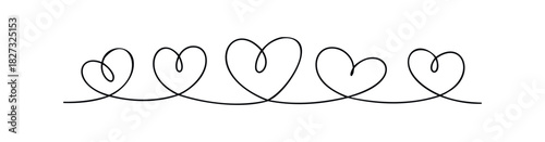 Continuous line drawing of five connected hearts, symbolizing love and connection, perfect for romantic themes, graphic accents, and celebratory visuals.