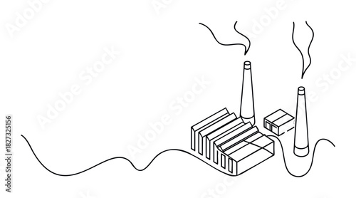 Industrial factory with smoking chimneys and buildings, symbolizing manufacturing and pollution for environmental and economic themes.