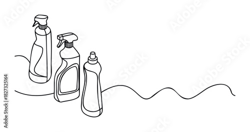 Three cleaning supply bottles including spray bottles and a pour bottle depicted in a minimalist outline style for commercial use in household product promotions and graphic design projects.