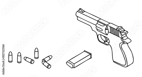 Outline drawing of a handgun with bullets and magazine, representing themes of security, protection, and preparedness for various media projects