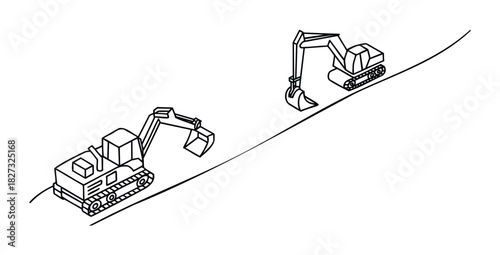 Two heavy construction excavators working on a steep slope, ideal for use in industrial projects and earthmoving content.