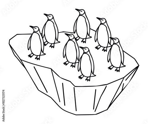 Seven penguins gather on a floating iceberg, perfect for illustrating concepts of wildlife, cold climates, and nature conservation in a simple graphic style.
