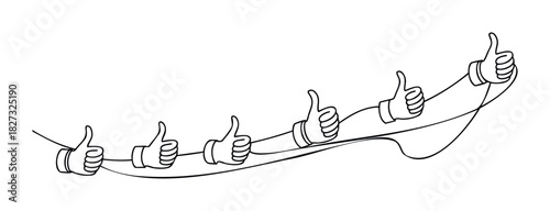 A continuous line drawing of multiple hands giving thumbs up in a progressive upward curve, symbolizing approval and success for business or social media use.