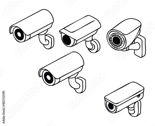 Collection of modern security cameras in isometric perspective ideal for surveillance system technology and urban safety concepts