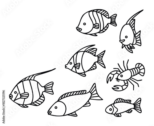 Collection of marine life drawings featuring various fish and a lobster, perfect for ocean themed projects and educational materials.