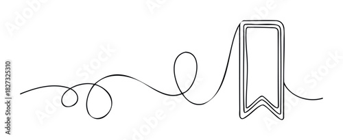 Continuous line ribbon bookmark motif with looped tail for graphic use and visual branding applications