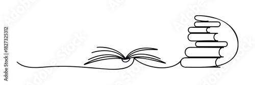 Continuous line drawing of an open book and a stack of books representing knowledge, learning, and information, ideal for educational or literary promotions.