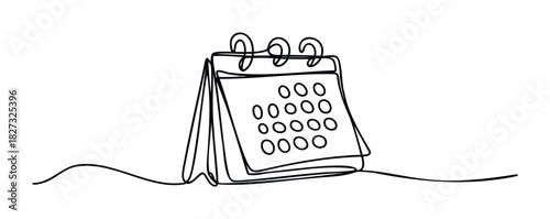 Minimalist single line drawing of a desk calendar with coiled binding and circular dates, perfect for representing time management and planning in business or personal contexts.