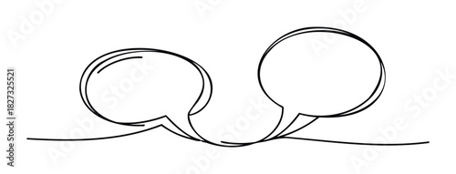 Two minimalist speech bubbles connected by a single flowing line, symbolizing conversation and communication for graphic projects and presentations.