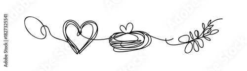Abstract flowing line drawing of a heart shape, tangled thread, and a leafy branch, perfect for expressing love, connection, or natural themes in graphic projects.