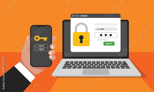 Two-Step Authentication Vector With Laptop And Smartphone Showing Verification Code For Secure Login And Online Account Protection