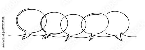Five overlapping speech bubbles forming a continuous line, perfect for representing conversation, dialogue, or collaborative communication in business or social contexts.