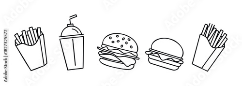 Collection of simple line drawings featuring fast food items like burgers, fries, and drinks, perfect for menus, social media graphics, or foodrelated promotions.