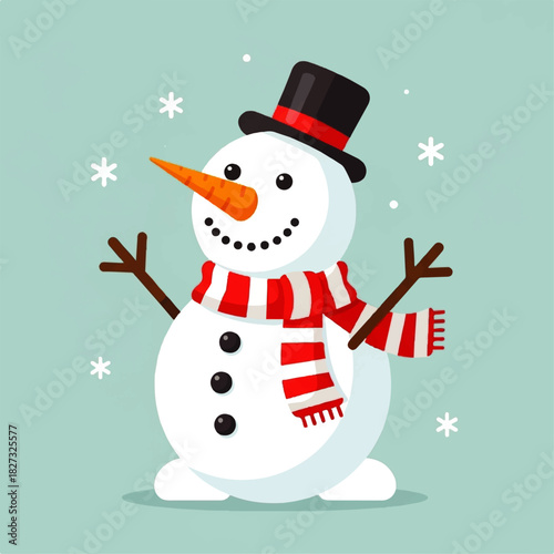 A cheerful snowman with a carrot nose and festive scarf, surrounded by snowflakes.