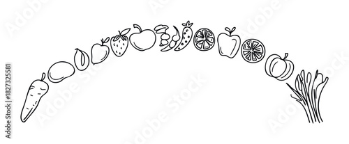 Simple outline drawing of fruits and vegetables arranged in an arch, perfect for health food promotion, organic branding, and healthy eating content.