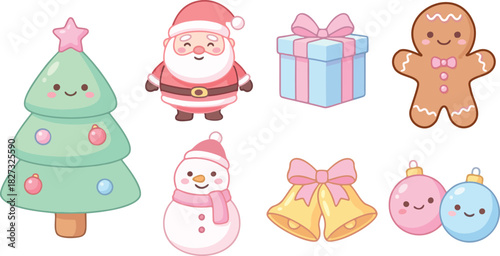 Cute pastel Christmas icon set — kawaii Santa, Christmas tree, gift box, gingerbread man, snowman, bells, ornaments — soft color flat vector for holiday decoration, apps, stickers, and greeting cards