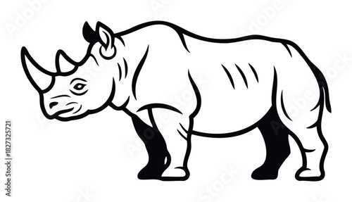 Black and white outline of a rhinoceros with a strong profile and horn, perfect for wildlife conservation logos and educational materials.