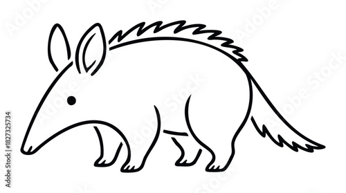 Simple outline drawing of an aardvark with distinctive ears and snout walking, perfect for educational materials or playful branding and storytelling.