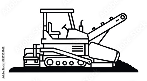 Black and white line drawing of a milling machine vehicle working on a surface, symbolizing construction and road work.