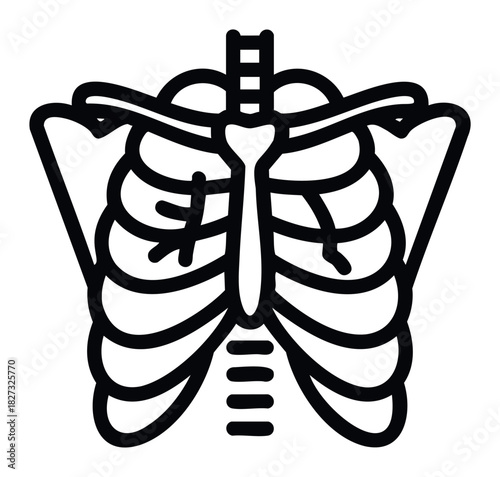 Black outline drawing of a human ribcage showing thoracic spine and clavicles representing anatomy, medicine, and skeletal health for medical or educational purposes.