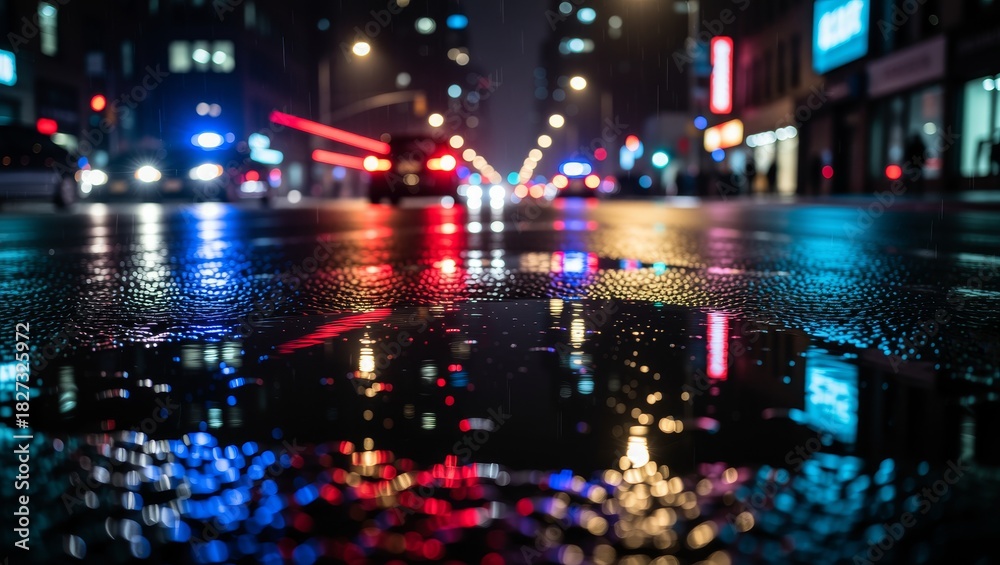 Fototapeta premium Rainy night city street reflections