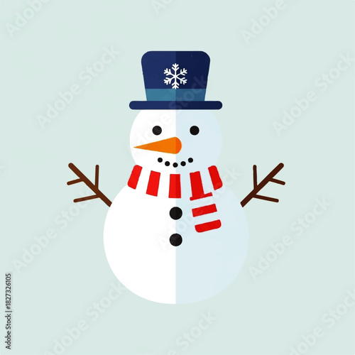 A cartoon snowman with a blue hat, scarf, carrot nose, and twig arms stands against a light blue background.