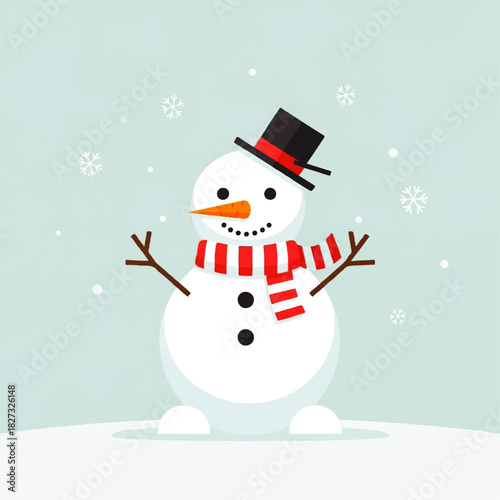 Cartoon snowman with a black hat and striped scarf stands in the snow as snowflakes fall.