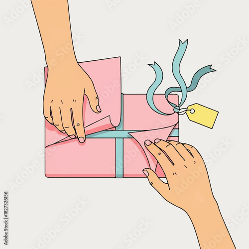 Two hands carefully wrapping a pink gift box with a blue ribbon.