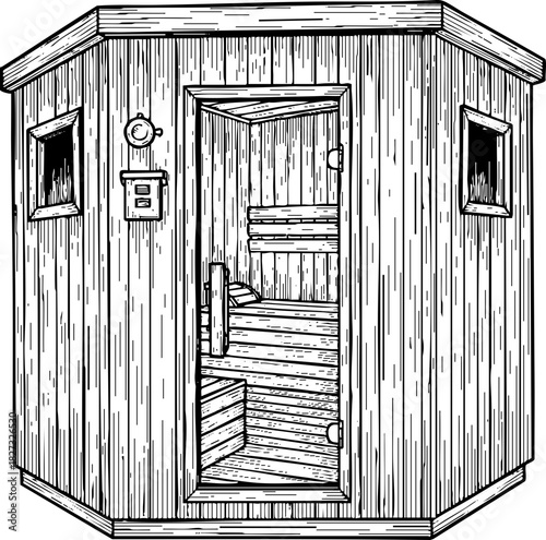 Sauna Wooden Cabin Engraving Linework Icon of a Classic Wooden Cabin with Sauna for Health and Wellness Blogs, Spa Websites, and Relaxation Cards