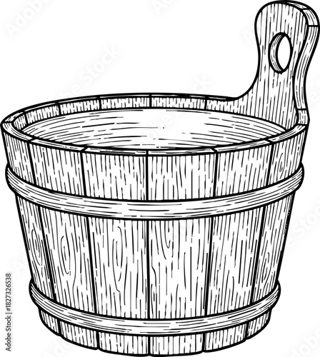Sauna Wooden Bucket with Bands Engraving Icon for Spa Centers, Wellness Websites, Relaxation Blogs, and Therapy Materials