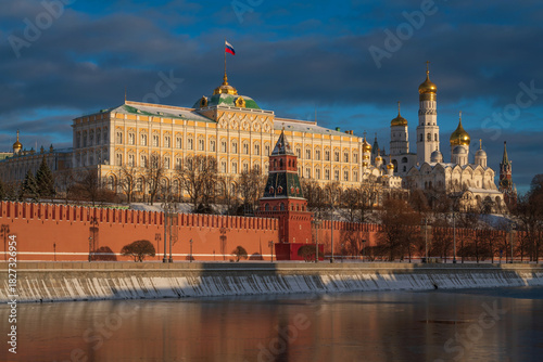 Grand Kremlin Palace, the Annunciation Tower and the ensemble of the Kremlin Cathedral Square from the embankment of the Moskva River, Moscow, Russia